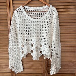 Vintage Style Boho White Crochet Floral Cotten Knit Lace Shirt/Cover-Up-Size S